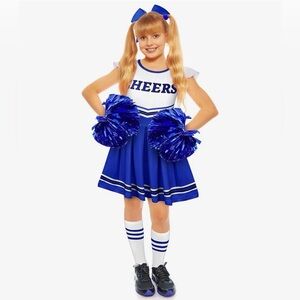 Kids Cheerleader Costume Set (Blue & White) Dress/Socks/Bow/PomPoms) 7-8yr NWT